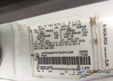 1996 Ford F250 из США, поврежденный, VIN 1FTHX25F4TEA94138